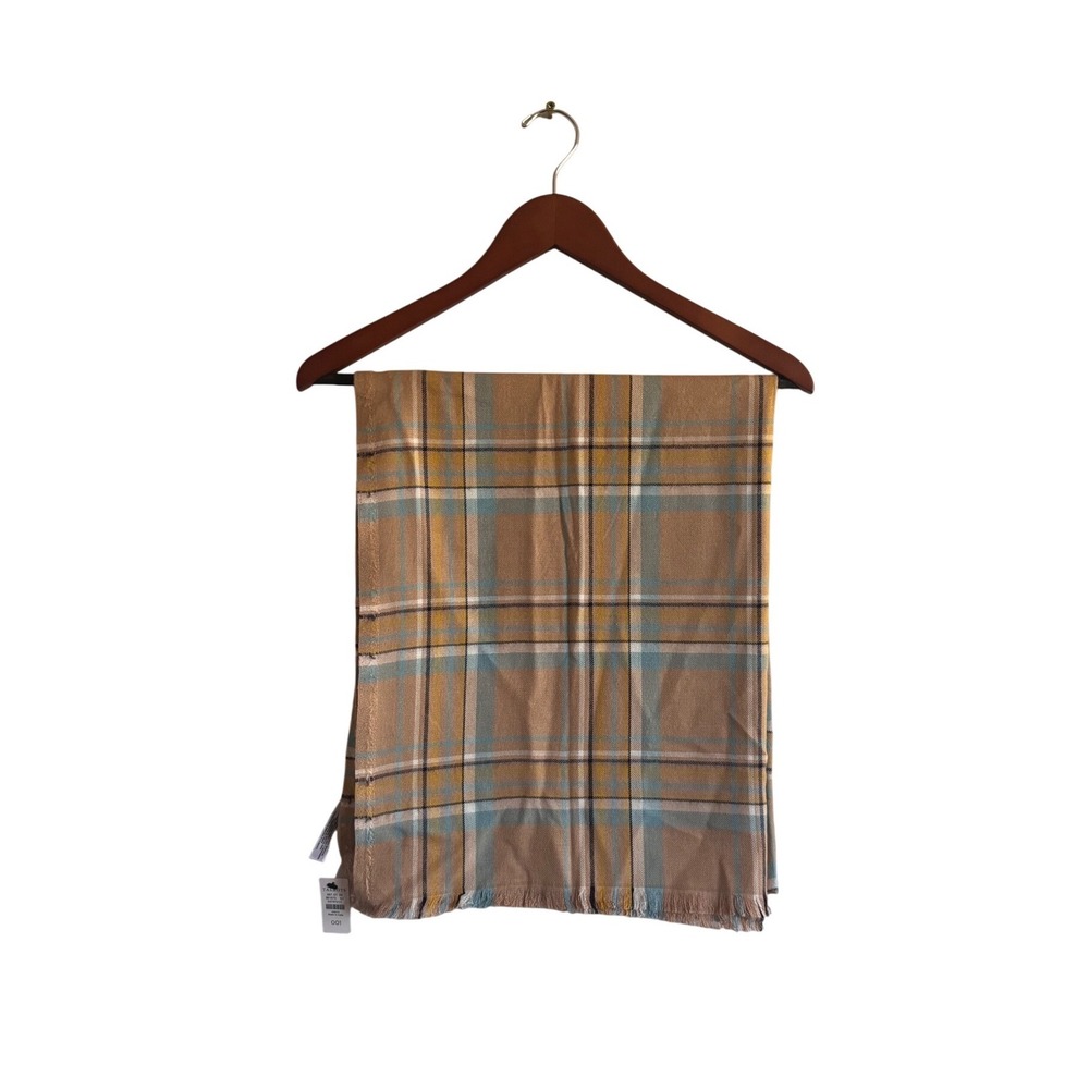 Talbots Womens Plaid Scarf Camel Blue Yellow Rayon Cotton Frayed Edge NWT